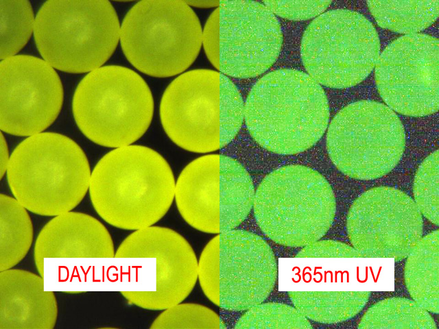 Fluorescent Yellow Microspheres Density 1.00g/cc for Flow Visualization and PIV<br>Bright Fluorescent Yellow-Green Particles with UV and Visible Illumination
